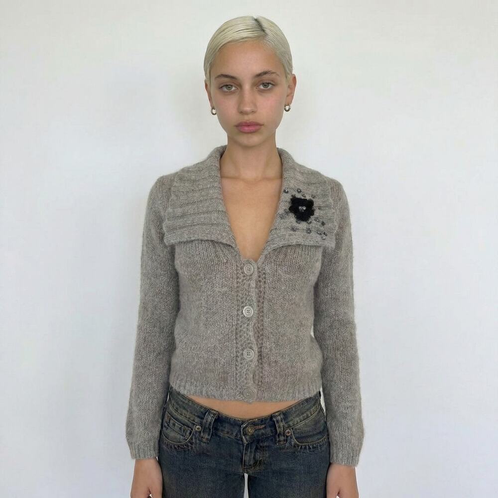 Italian Vintage Taupe Mohair Wool Cardigan Embellished Floral (S)